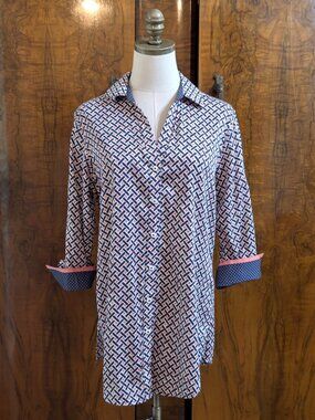 FOXCROFT Wrinkle Free Shirt Womens Size 8 Blue Orange Geometric Contrast Cuff